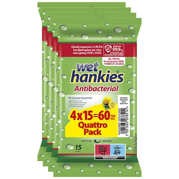 Wet Hankies Clean & Protect Antibacterial Hand Wipes Lemon, (4x15pcs) 60pcs
