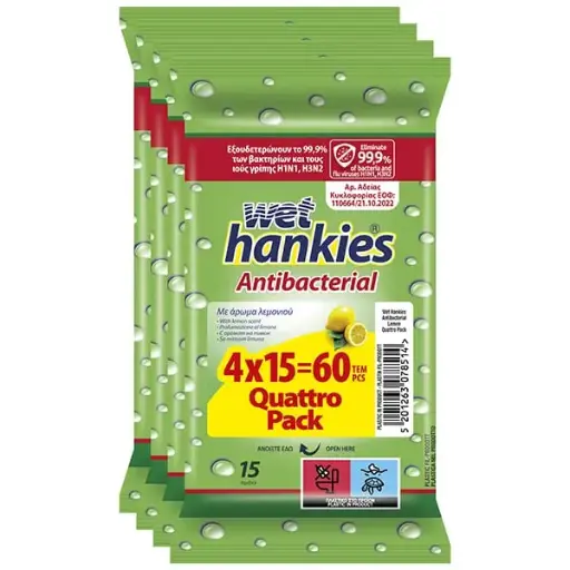 Wet Hankies Clean & Protect Antibacterial Hand Wipes Lemon, (4x15pcs) 60pcs
